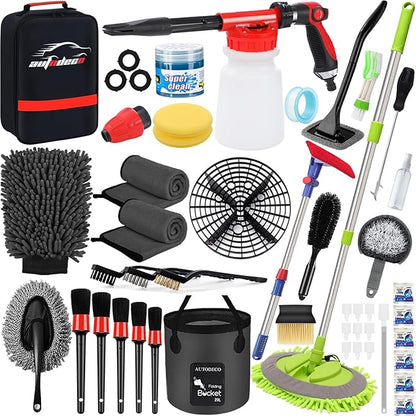 44Pcs Car Wash Detailing Kit Cleaning Kits with Foam Gun Sprayer Wash Mop with Long Handle Collapsible Bucket Large Wash Mitt Towels Complete Interior Exterior Car Washing Supply Set Black