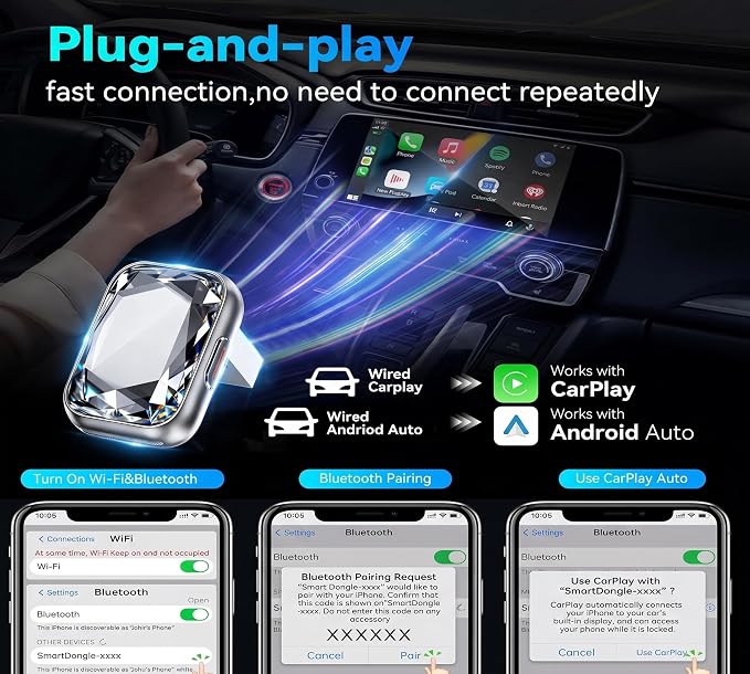 Diamond Wireless CarPlay Adapter for Apple CarPlay & Android Auto, 2-in-1 Mini Crystal Design, Plug & Play, 5G Fast Auto Connect, Stable Low Latency, for Factory Wired CarPlay Cars