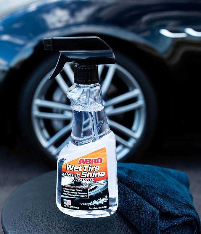 ABRO Black Xtreme Wet Tire Shine, 16 oz., Tire Dressing for Deep Glossy Finish for Protection and Conditioning, Long-Lasting Tire Shine Spray, Fights Cracking and Fading, No Buffing Required