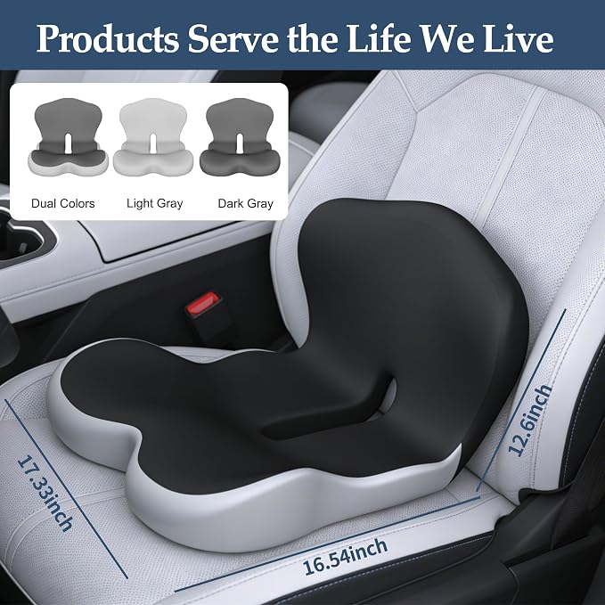 Ergonomic Memory Foam Seat Cushion, Lumbar Support Non Slip for Truck Driver Long Driving Office Chair Back Tailbone Pain Relief Black