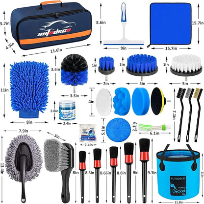 32Pcs Car Detailing Brush Set, Car Detailing Kit, Auto Detailing Drill Brush Set, Car Detailing Brushes, Car Wash Cleaning Tools Kit with Wash Mop for Interior, Exterior, Wheels, Blue