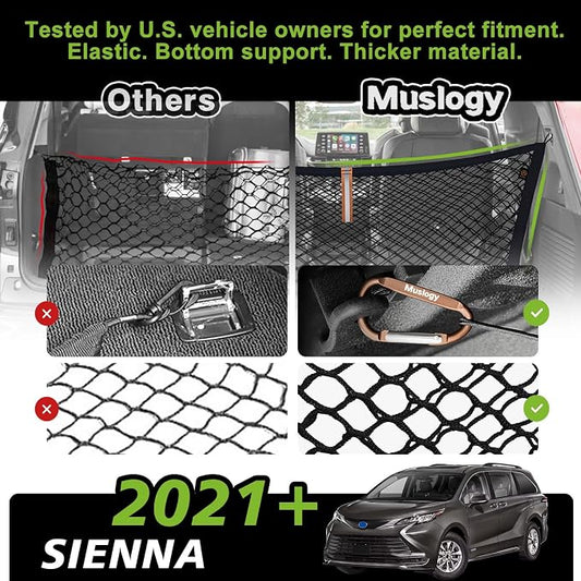 Muslogy Truck Bed Cargo Net Trunk Netting Compatible with 2021-2025 2026 Toyota Sienna Accessories, Pickup Cargo Organizer SUV Sedan Storage Net w/Heavy Duty Carabiners