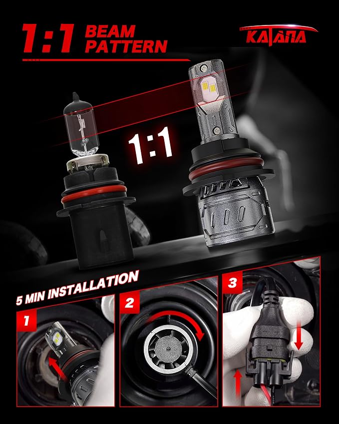 Katana 9007/HB5 Bulbs, 6500K White 400% Brightness High/Low Beam Plug and Play Mini Size Fog Light Bulb of 2