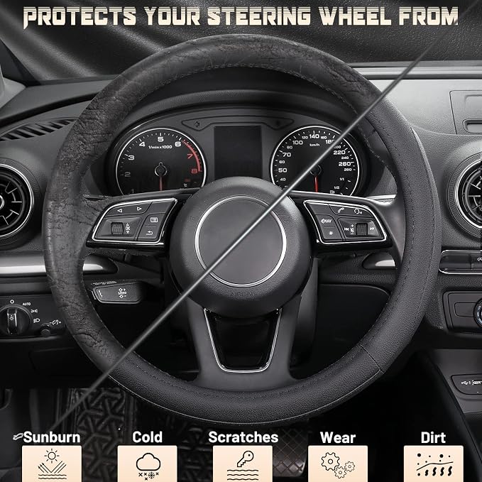 SEG Direct Car Steering Wheel Cover for Prius Civic Model 3 Model Y Camaro, Small Size 14-14.25 inch, Black Microfiber Leather