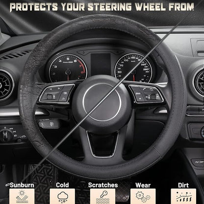 SEG Direct Car Steering Wheel Cover for Prius Civic Model 3 Model Y Camaro, Small Size 14-14.25 inch, Black Microfiber Leather