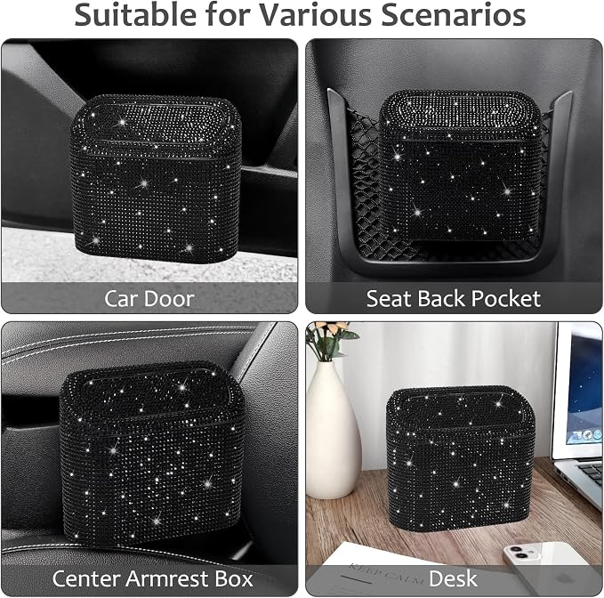 Accmor Bling Car Trash Can with Lid, Mini Vehicle Garbage Organizer Storage Bin Dustbin, Sparkling Crystal Rhinestone Holder Container with 30pcs Garbage Bags Car Accessories