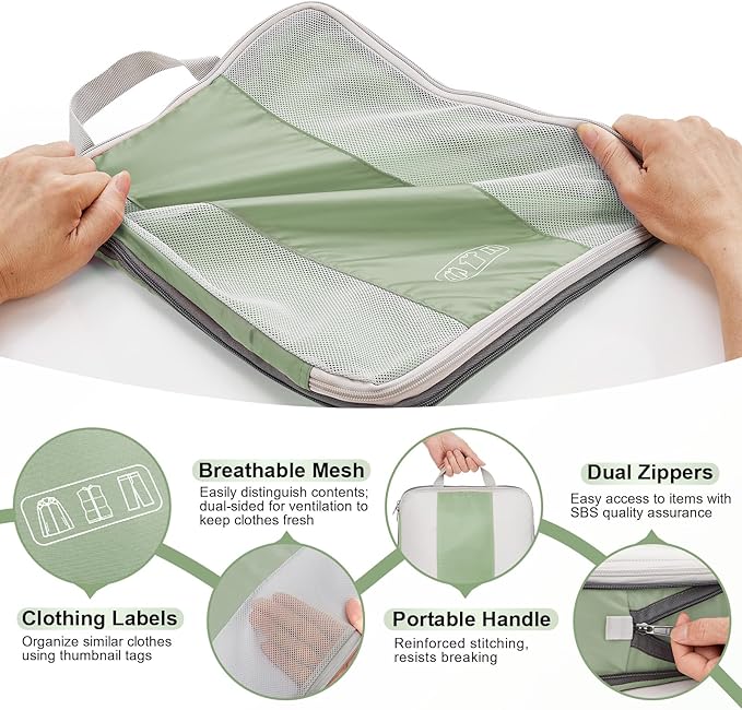 OlarHike 10-Pack Compression Packing Cubes for Travel Essentials,Compressible Expandable Packing Cubes for Suitcase,Luggage Garment Bags for Travel,Handy Helper for Organizing Clothes(Matcha Green)