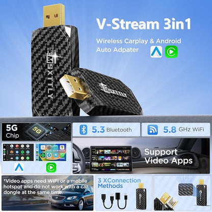 MSXTTLY Mini 3in1 Stream CarPlay Android Auto Wireless Adapter, Support Netflix/YouTube/TikTok/PrimeVideo Box, Only Compatible with Wired CarPlay Car Model 2017+, for Android 11 & iPhone iOS 10+