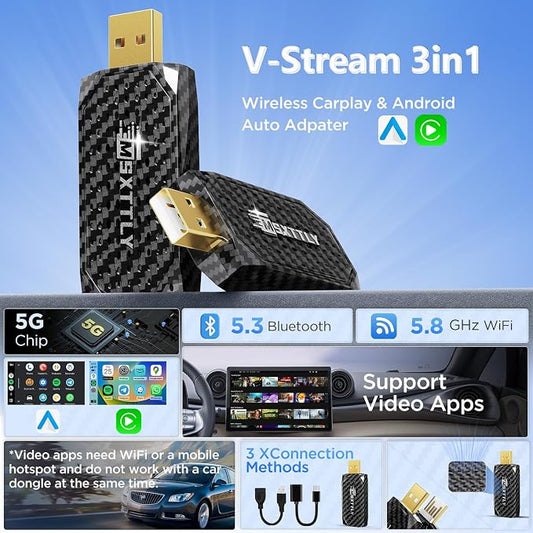 MSXTTLY Mini 3in1 Stream CarPlay Android Auto Wireless Adapter, Support Netflix/YouTube/TikTok/PrimeVideo Box, Only Compatible with Wired CarPlay Car Model 2017+, for Android 11 & iPhone iOS 10+