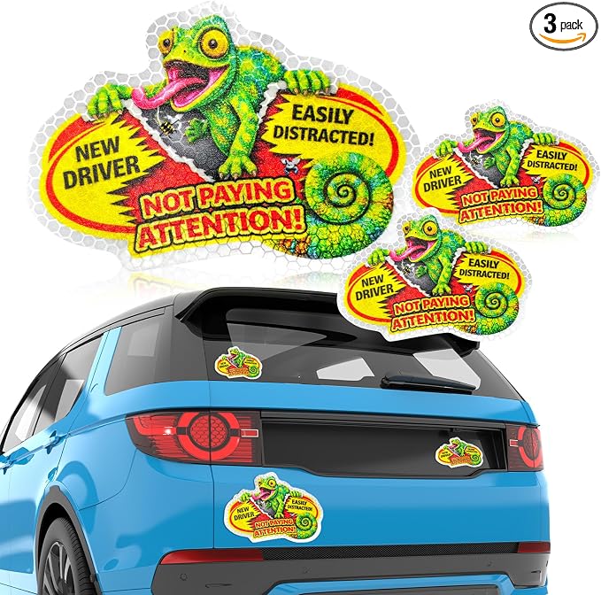 3 Pcs Reflective Student Driver Magnet and Stickers Set - Funny Animal New Driver Safety Signs for Car, Waterproof & Weatherproof High Visibility Vehicle Bumper Decals, Magnet + Stickers (Chameleon)