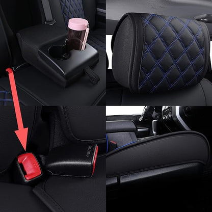 YIERTAI Truck Seat Covers Compatible with 2008-2025 2026 Toyota Tundra Crewmax Double Cab Platinum SR SR5 PRO TRD Limited 1794 Edition Trims Waterproof Leather(5 PCS Full Set/Black-Blue)