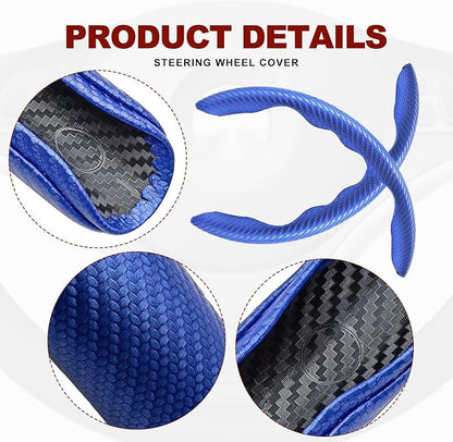 Universal Fit Carbon Fiber Steering Wheel Cover, Segmented Steering Wheel Protector, Carbon Fiber Anti-Skid Steering Wheel Cover Car Interior Accessories (2 Pcs Blue)