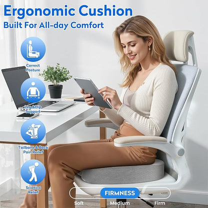XXL Seat Cushion Office Car Seat Cushion, Memory Foam Cushion for Office Chair, Car Seat, Airplane, Bleacher Non-Slip Chair Pad (Light Grey