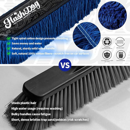 Flash Dog Car Duster Exterior – No Dust Scattering Auto Duster Brush with Classic Wood Handle, Wax-Treated Cotton Head, Scratch-Free, Reusable Dust Remover for Car, Truck, SUV