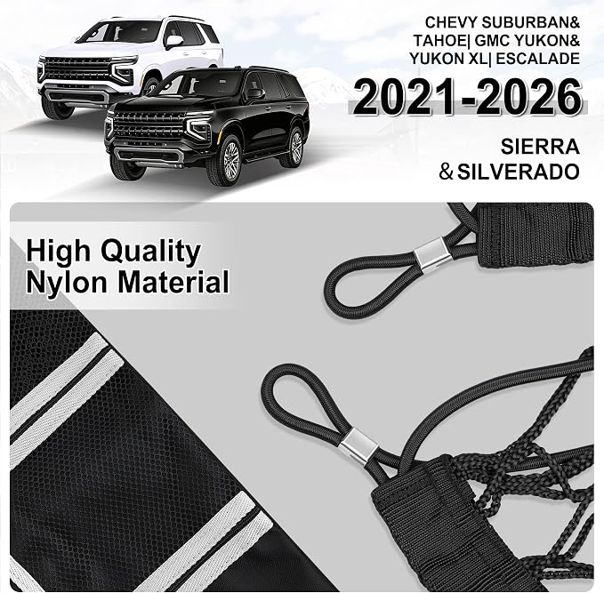 Amiss Truck Bed Cargo Net with Side Organizer, Fits for 2021-2026 Chevy Suburban&Tahoe|GMC Yukon&Yukon XL| Escalade, Portable Storage for Pickup Cargo and Heavy Duty Hook, Car Exterior Accessories