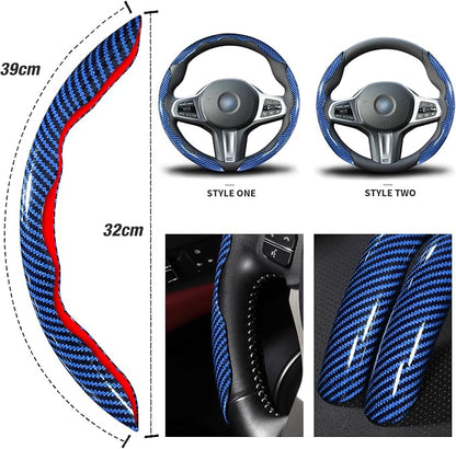 Car Steering Wheel Cover Set Bright Carbon Fiber Wrap Non-Slip 3pcs Steering Wheel Accessories 14.5-15 inch Universal (Blue)