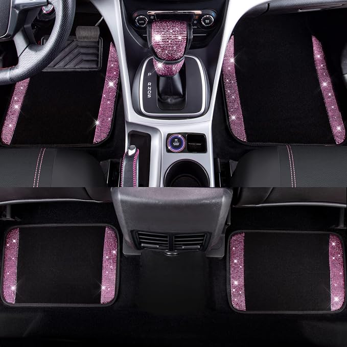 CAR PASS Bling Rhinestone Car Seat Covers Leather Shining Diamond Car Floor Mats Carpet with Anti-Slip Nibs Bling Diamonds Car Accessories Sets Pink Glitter Crystal Diamond Combo Set