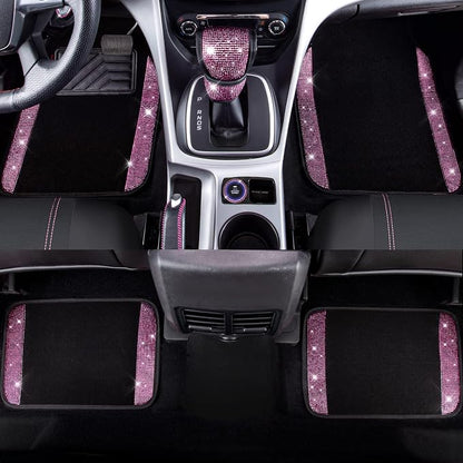 CAR PASS Bling Rhinestone Car Seat Covers Leather Shining Diamond Car Floor Mats Carpet with Anti-Slip Nibs Bling Diamonds Car Accessories Sets Pink Glitter Crystal Diamond Combo Set