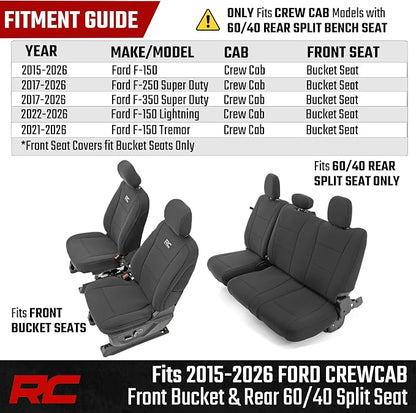 Rough Country Neoprene Front & Rear Seat Covers for Ford F-150, Lightning, F-250 & F-350 (2015-2026) Crew Cab w/Front Bucket Seats & Rear 60/40 Split