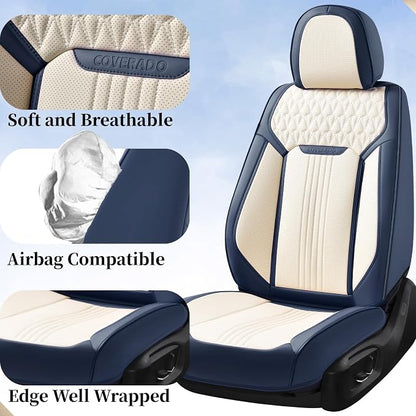 Coverado Car Seat Covers Full Set, Luxury Leather Seat Covers for Cars, Front and Back Seat Covers, Waterproof Car Seat Protector Car Seat Cushion Universal Fit Most Cars,Blue&White