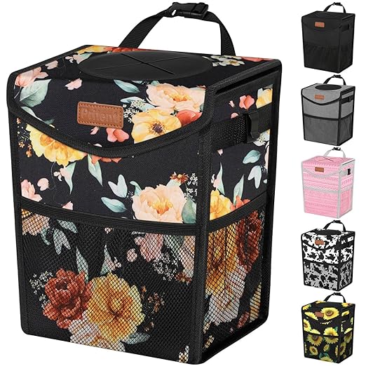 Pritent Car Trash Can with Lid, Cute Leakproof Car Trash Garbage Bag Hanging Vehicle Trash Bin Small Portable Automotive Garbage Cans Organizer for Back/Front Seat/Console(Trapezoid,Rose)