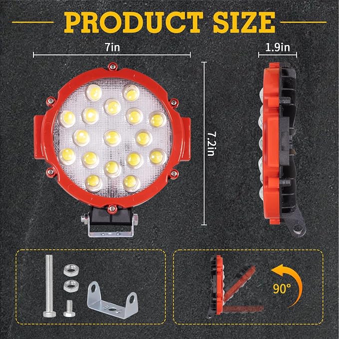 2 Pack 7'' 51W 5100LM LED Work Light Bar Round Off Road Light Driving Fog Light fit for Jeep Trucks SUV ATV Boat Tractor (Red)