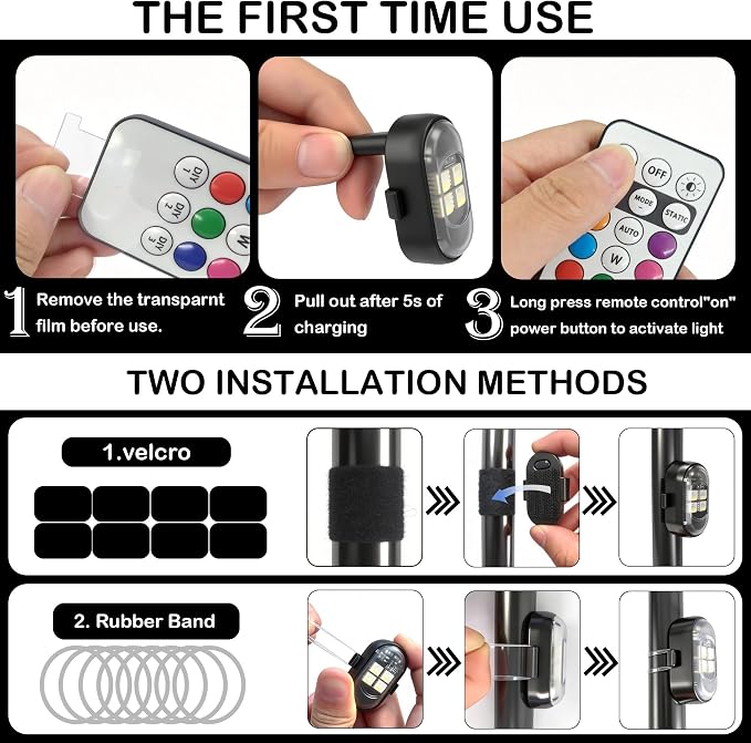 Wireless LED Lights for Car 10 Pack Remote Strobe Warning Waterproof | USB C charging, adjustable 8 colors & 10 strobe flash modes, anti-collision, fits car, truck, motorcycle, bike, drone