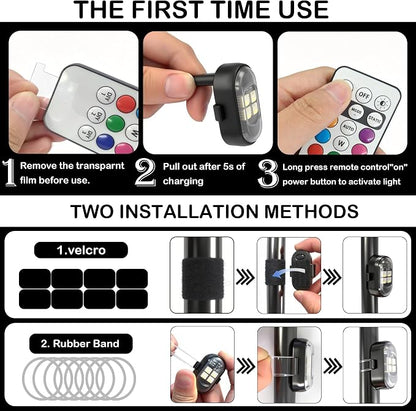 Wireless LED Lights for Car 10 Pack Remote Strobe Warning Waterproof | USB C charging, adjustable 8 colors & 10 strobe flash modes, anti-collision, fits car, truck, motorcycle, bike, drone