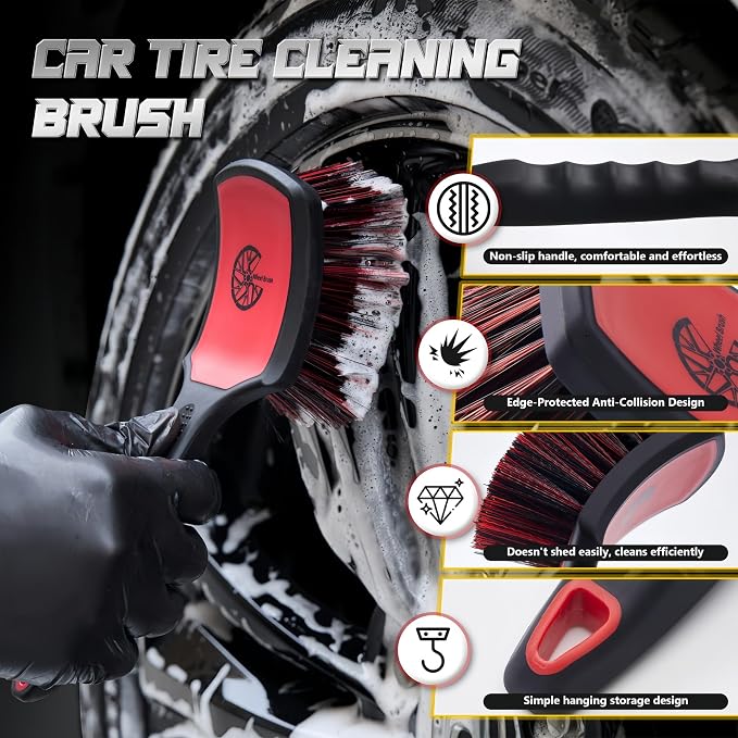 BMLEI Wheel & Tire Brush Set, 2 Pack Car Wheel Brush & Tire Cleaner Brushes, Soft Bristle Rim Brush and Stiff Tire Scrub Brush, Scratch-Free Wheel Cleaning Kit for Car Detailing, Trucks, SUVs