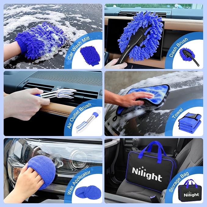 Nilight 27PCS Car Detailing Kit Auto Cleaning Tools Wash Set with Storage Carry Bag Home Use for Interior Exterior Deep Clean Polish Car Care Windshield Dashboard Seat Air Vents Wheels Tires, Blue