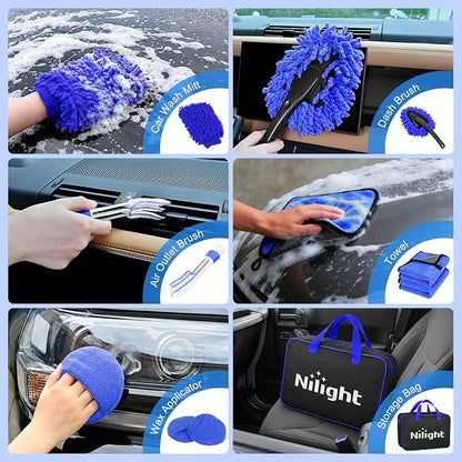 Nilight 27PCS Car Detailing Kit Auto Cleaning Tools Wash Set with Storage Carry Bag Home Use for Interior Exterior Deep Clean Polish Car Care Windshield Dashboard Seat Air Vents Wheels Tires, Blue