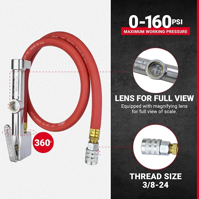 Milton 502 Heavy-Duty Analog Tire Inflator with Pressure Gauge, 3' Hose Kwik Grip Safety Inflator Gage, Made in USA (OSHA Compliant) 10-160 PSI