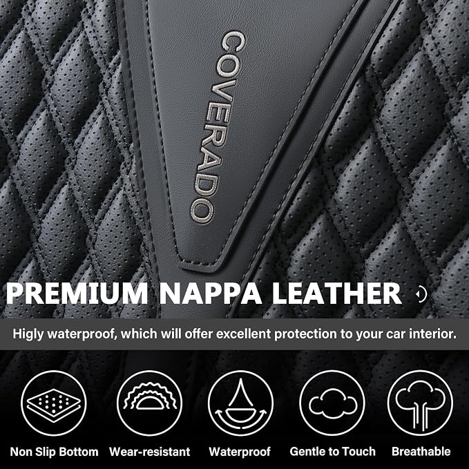 Coverado Car Seat Covers Full Set, 5 Seats Luxury Nappa Leather Seat Covers for Cars, Car Seat Cover Waterproof, Front and Back Car Seat Protector, Black Car Seat Covers Universal Fit for Most Cars