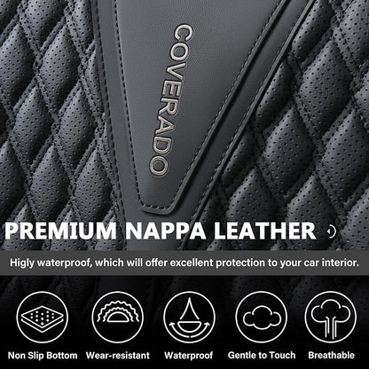 Coverado Car Seat Covers Full Set, 5 Seats Luxury Nappa Leather Seat Covers for Cars, Car Seat Cover Waterproof, Front and Back Car Seat Protector, Black Car Seat Covers Universal Fit for Most Cars