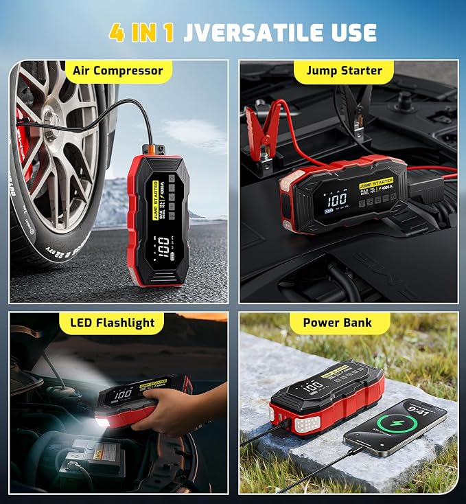 Jump Starter with Air Compressor 4000A Portable Car Battery Jump Starter (All Gas/10L Diesel), 160PSI Auto-Shutoff Tire Inflator Air Compressor, SuperSafe 12V Jump Box Car Battery Jumper Booster