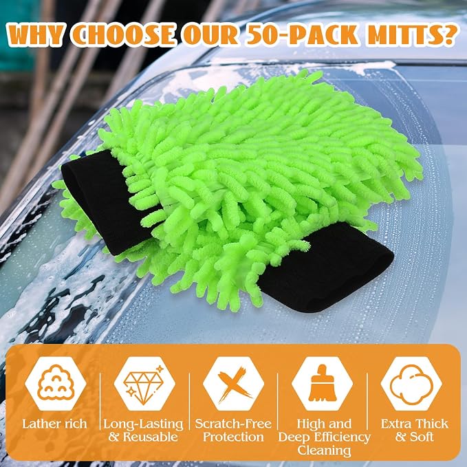 50 Pcs Car Wash Mitt Microfiber Chenille Absorbent Detailing Washing Gloves Double Sided Cleaning Supplies for Car Washing and Detailing 9.6" x 7.1", Green