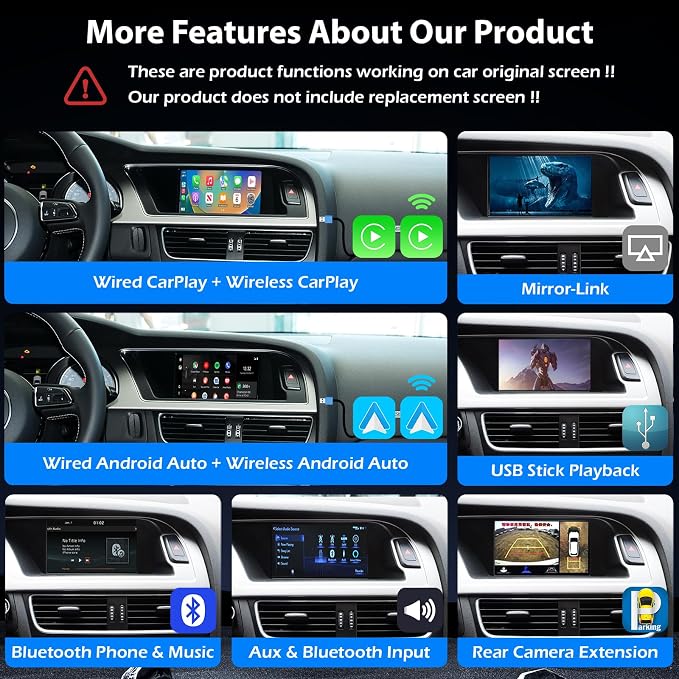 Wireless CarPlay Android Auto Adapter Retrofit Kit Decoder Compatible with Audi A5 B8 MMI 3G High/MML 3G+ from 2010-2020, Support Reverse Camera, Mirror Link, USB Stick Playback