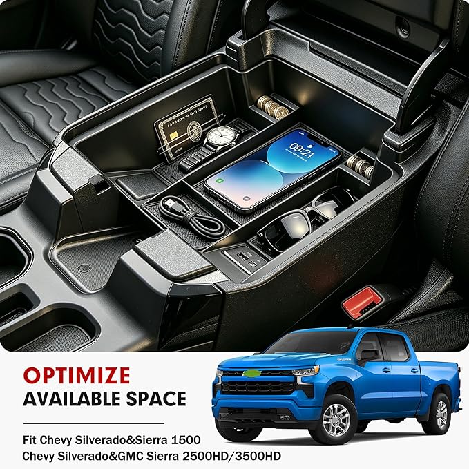 Autorder Center Console Organizer for 2022-2026 Chevy Chevrolet Silverado&Sierra 1500/2024-2026 Silverado&GMC Sierra 2500HD/3500HD Accessories Armrest Storage Box(Only Fit Full Console w/Bucket Seats)