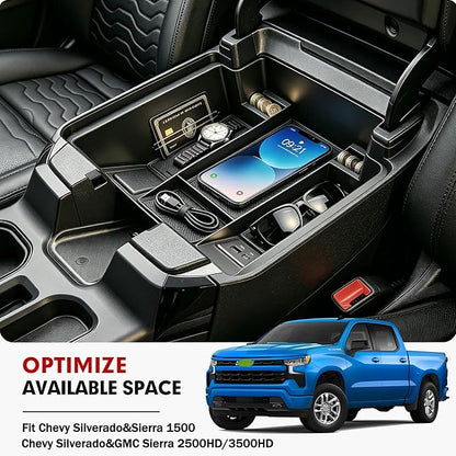 Autorder Center Console Organizer for 2022-2026 Chevy Chevrolet Silverado&Sierra 1500/2024-2026 Silverado&GMC Sierra 2500HD/3500HD Accessories Armrest Storage Box(Only Fit Full Console w/Bucket Seats)