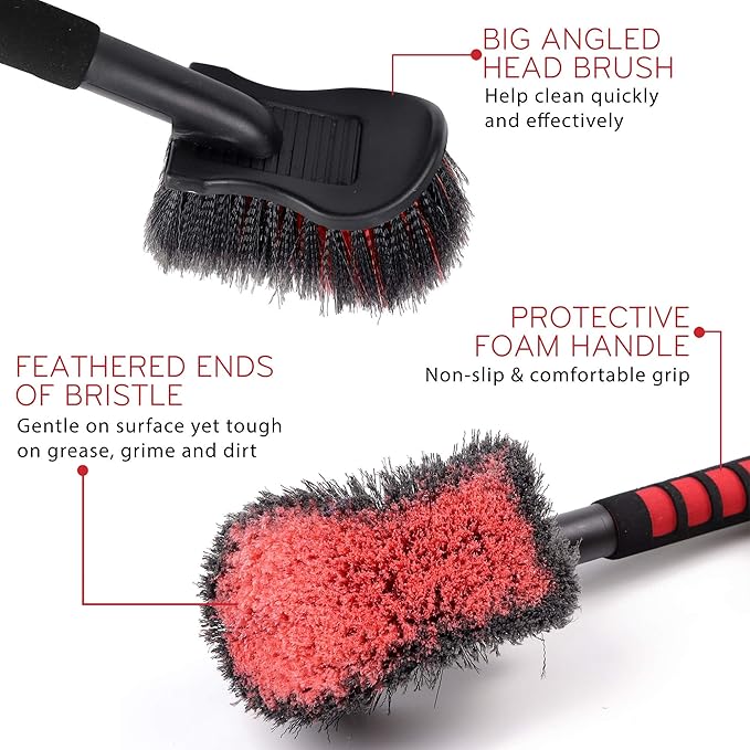 TAKAVU 17.5" Wheel Tire Body Brush Red Soft Bristle - Gentle Car Wash Brush Long Handle for Safe Tire Sidewall & Wheel Cleaning - Scratch - Free Automotive Tool
