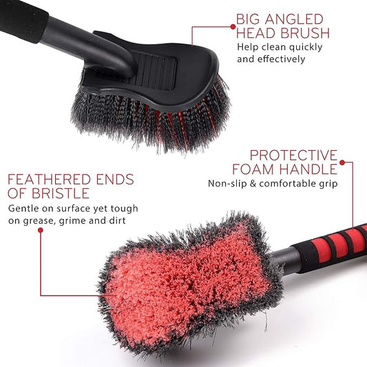 TAKAVU 17.5" Wheel Tire Body Brush Red Soft Bristle - Gentle Car Wash Brush Long Handle for Safe Tire Sidewall & Wheel Cleaning - Scratch - Free Automotive Tool