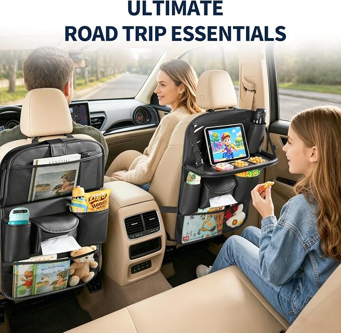 1 Pack Backseat Car Organizer with Foldable Tray Table, PU Leather Seat Back Organizer with Tablet Holder, Large Storage Pockets, Waterproof Kick Mat & Seat Back Protector for Cars, SUVs & Minivans