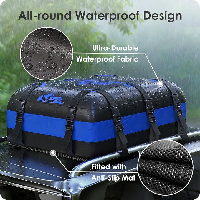 Car Rooftop Cargo Carrier Bag 20 Cubic Feet, 100% Waterproof Heavy Duty Car Roof Bag for All Vehicle with/Without Racks - Anti-Slip Mat, 6 Door Hooks, Storage Bags, 5CM Straps(Blue)