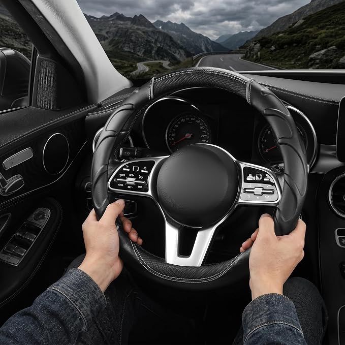 West Llama Carbon Fiber Leather Steering Wheel Cover with Anti-Slip Grip, 3D Textured Design, 14.5-15 Inch Car Steering Wheel Cover, Durable Interior Accessory (Standard Size-Black+Gray)