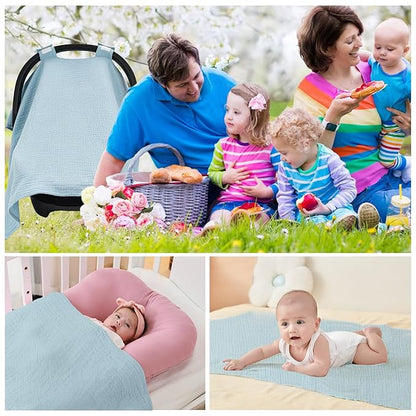 SERAPHY 100% Muslin Cotton Car Seat Cover Baby, Universal Carseat Covers, Breathable Baby Car Seat Canopy for Boys Girls, Soft Infant Car Seat Cover for Summer —Blue