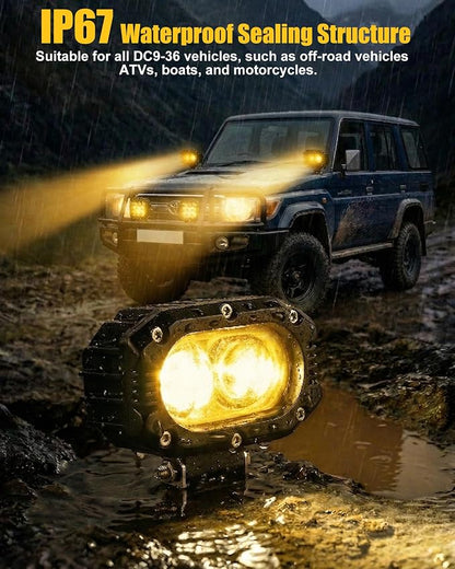 4 Inch LED Pod Lights, 48W Square Offroad Driving Lights Super Bright 120° Amber Spotlight Combo Beam LED Auxiliary Light Bar with Wiring Harness Kit for Motorcycle Jeep Wrangler Truck Pickup ATV UTV