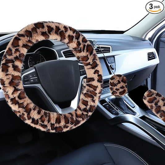 Accmor Fuzzy Car Steering Wheel Cover, Universal Fit Fur Auto Wheel Cover & Handbrake Cover & Gear Shift Cover Set, Leopard Warm Fluffy Vehicle Wheel Protector Car Accessories for Men Women (Brown)