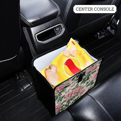 Car Trash Can Organizer Bin with Adjustable Strap for Back Front Seat Console Waterproof Leakproof Collapsible Portable 11 Inch Pink Vintage Roses with Leaves