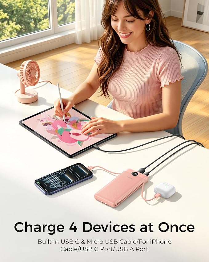 VEGER Portable Charger Power Bank with Built-in AC Plug and Cables, All in One 10000mAh Ultra Slim Travel Essentials, Fast Charging Battery Pack Compatible with iPhone, Samsung, More, Dark Pink