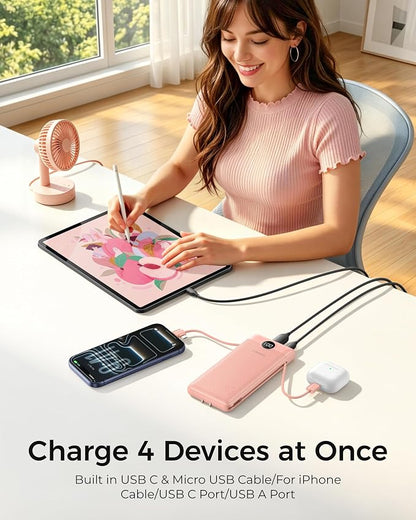 VEGER Portable Charger Power Bank with Built-in AC Plug and Cables, All in One 10000mAh Ultra Slim Travel Essentials, Fast Charging Battery Pack Compatible with iPhone, Samsung, More, Dark Pink